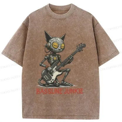 Tokyo-Tiger Robot Cat Playing Bass Washed T-Shirt