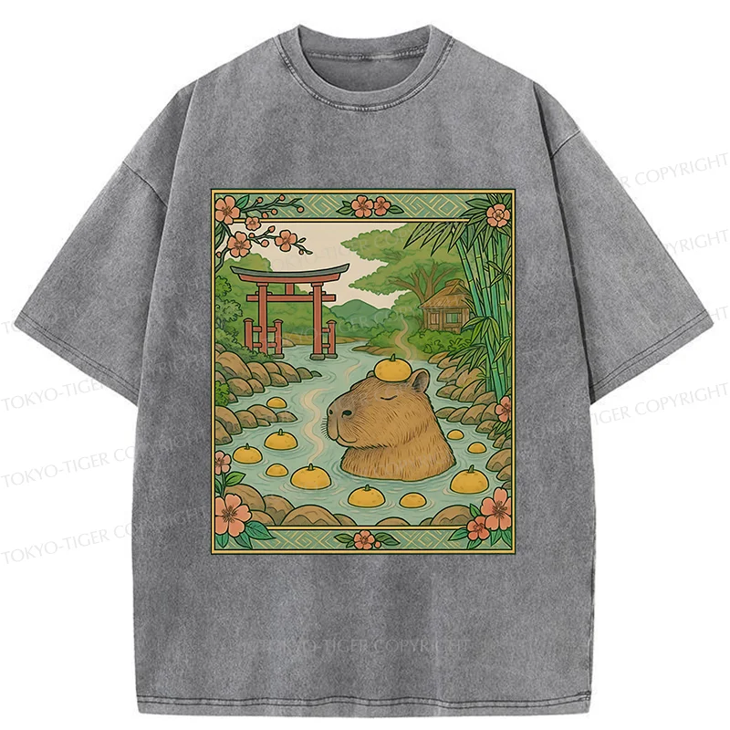 Tokyo-Tiger Bathing Capybara Ukiyoe Washed T-Shirt
