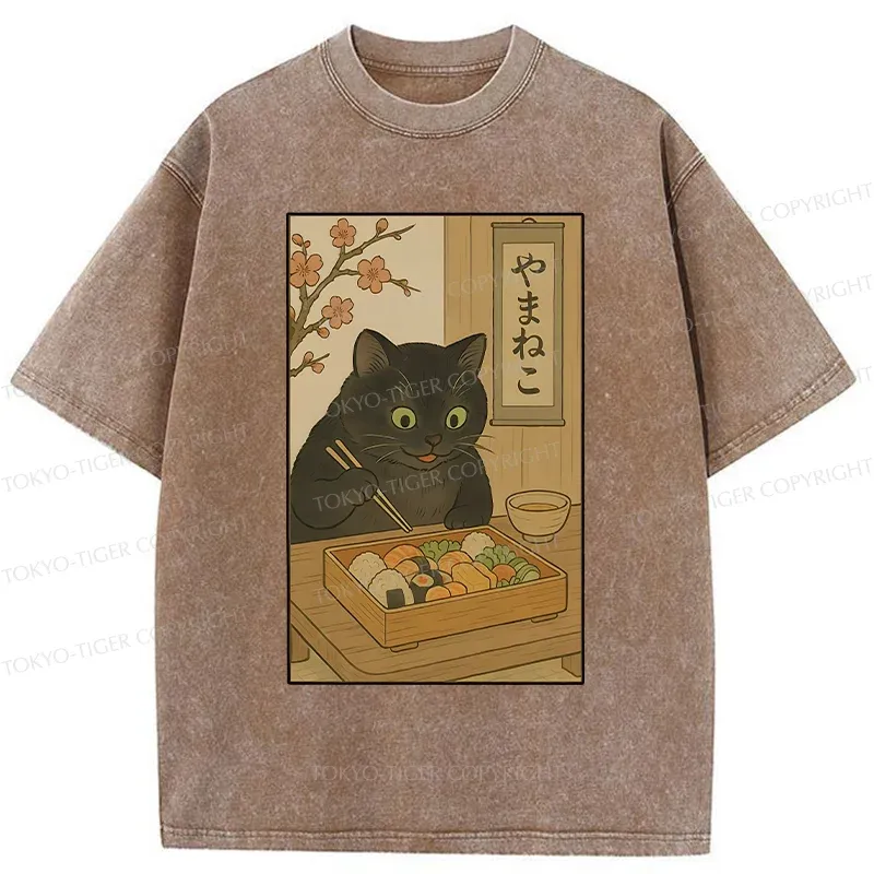 Tokyo-Tiger Black Cat Eating Sushi Washed T-Shirt