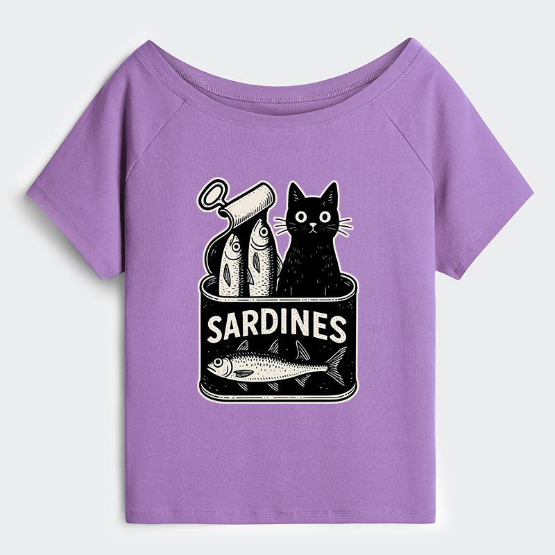 Tokyo-Tiger Cat And Canned Fish Off Shoulder T-Shirt