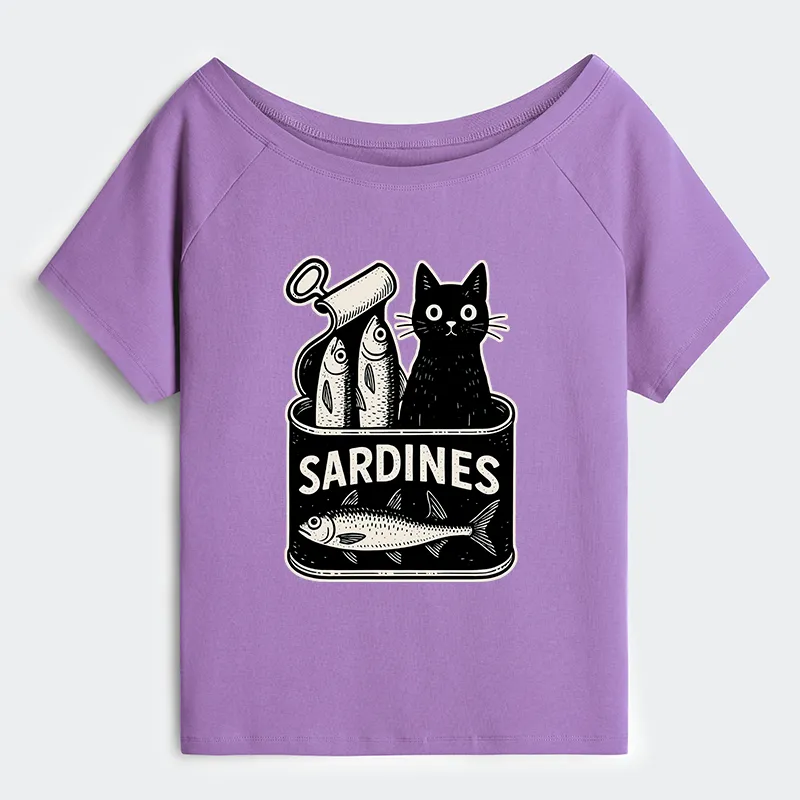 Tokyo-Tiger Cat And Canned Fish Off Shoulder T-Shirt