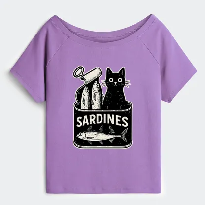 Tokyo-Tiger Cat And Canned Fish Off Shoulder T-Shirt