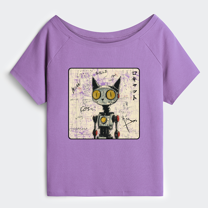 Tokyo-Tiger Robot Cat Off Shoulder T-Shirt