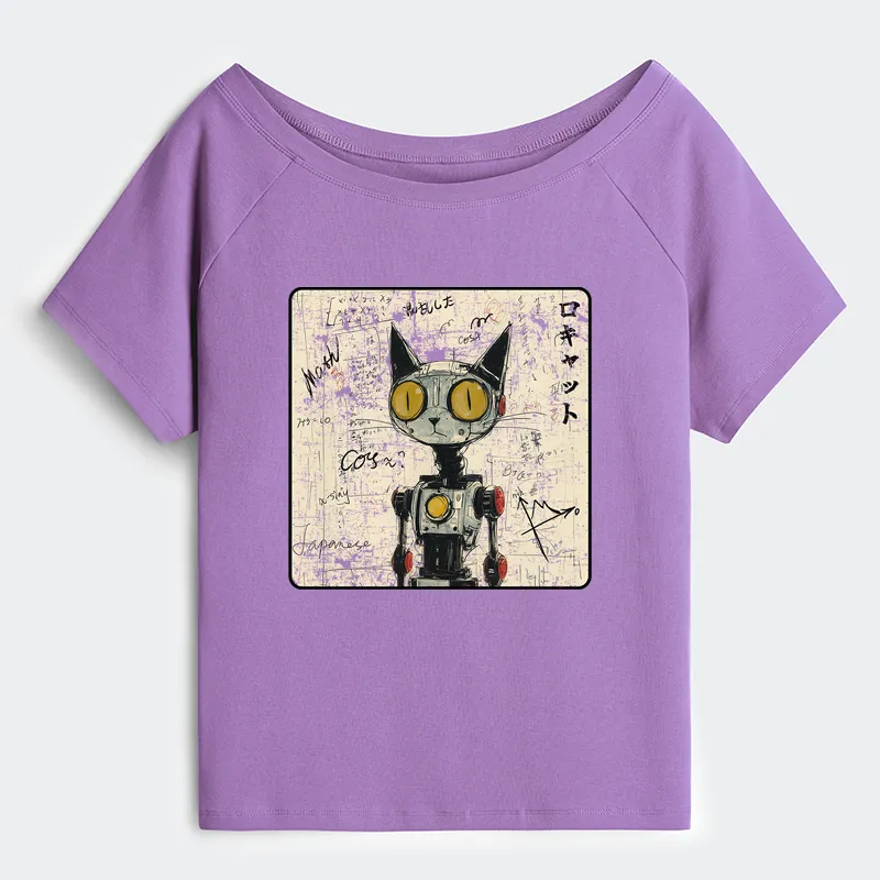 Tokyo-Tiger Robot Cat Off Shoulder T-Shirt