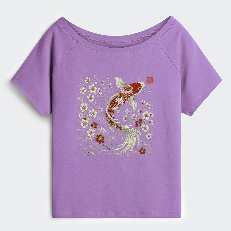 Tokyo-Tiger Vintage Sakura And Koi Off Shoulder T-Shirt