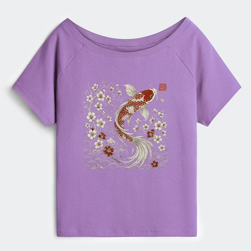 Tokyo-Tiger Vintage Sakura And Koi Off Shoulder T-Shirt