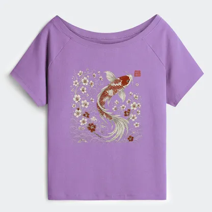 Tokyo-Tiger Vintage Sakura And Koi Off Shoulder T-Shirt