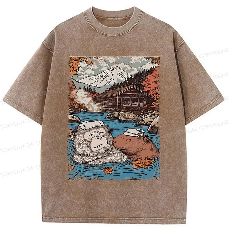 Tokyo-Tiger Monkeys And Capybaras Taking A Bath Washed T-Shirt