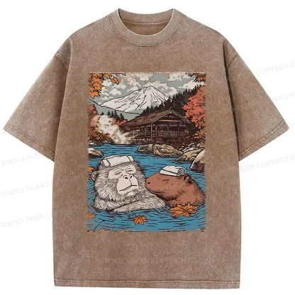 Tokyo-Tiger Monkeys And Capybaras Taking A Bath Washed T-Shirt
