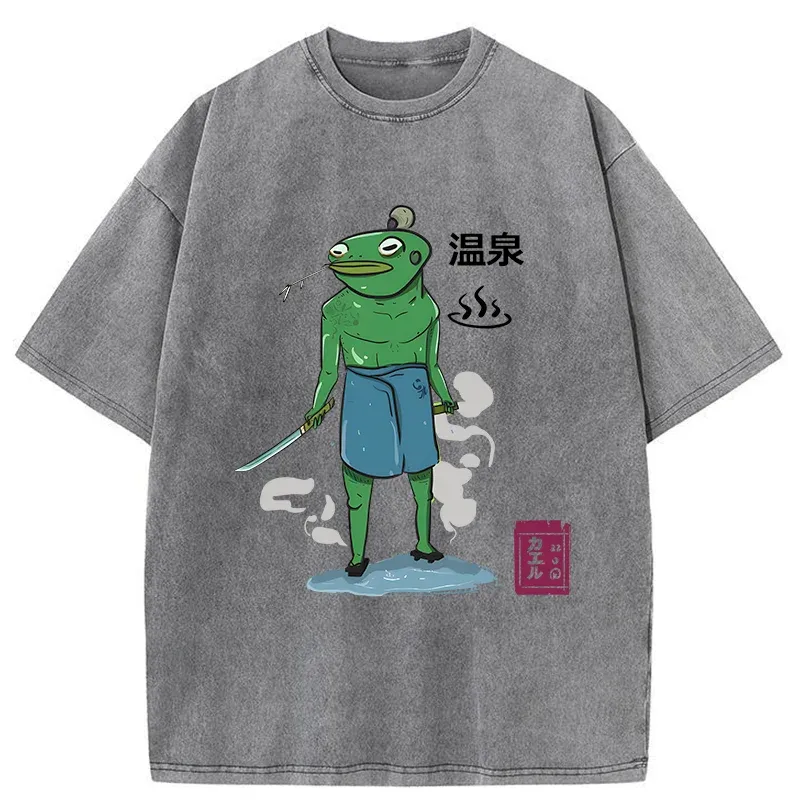 Tokyo-Tiger Frog Samurai Bathing In Hot Spring Washed T-Shirt