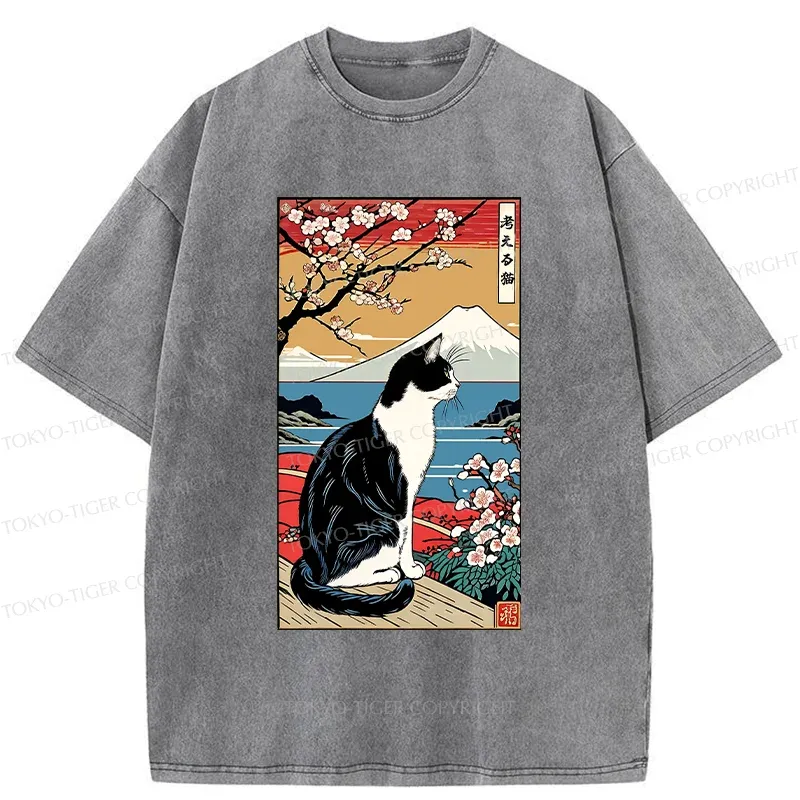 Tokyo-Tiger Thinking Cat Poster Washed T-Shirt