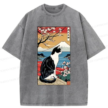Tokyo-Tiger Thinking Cat Poster Washed T-Shirt