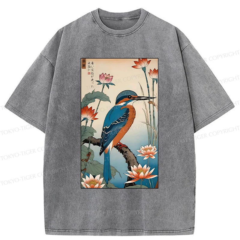 Tokyo-Tiger Ukiyo-e Kingfisher Washed T-Shirt