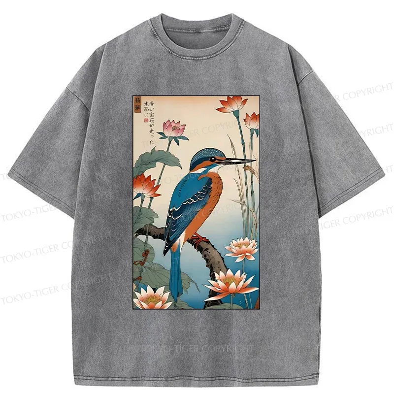 Tokyo-Tiger Ukiyo-e Kingfisher Washed T-Shirt