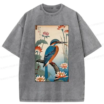 Tokyo-Tiger Ukiyo-e Kingfisher Washed T-Shirt