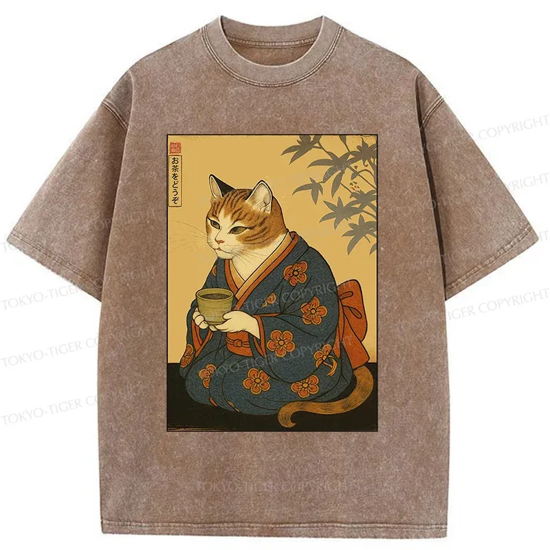 Tokyo-Tiger Ukiyoe Cat Drinking Tea Washed T-Shirt Sale