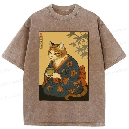 Tokyo-Tiger Ukiyoe Cat Drinking Tea Washed T-Shirt