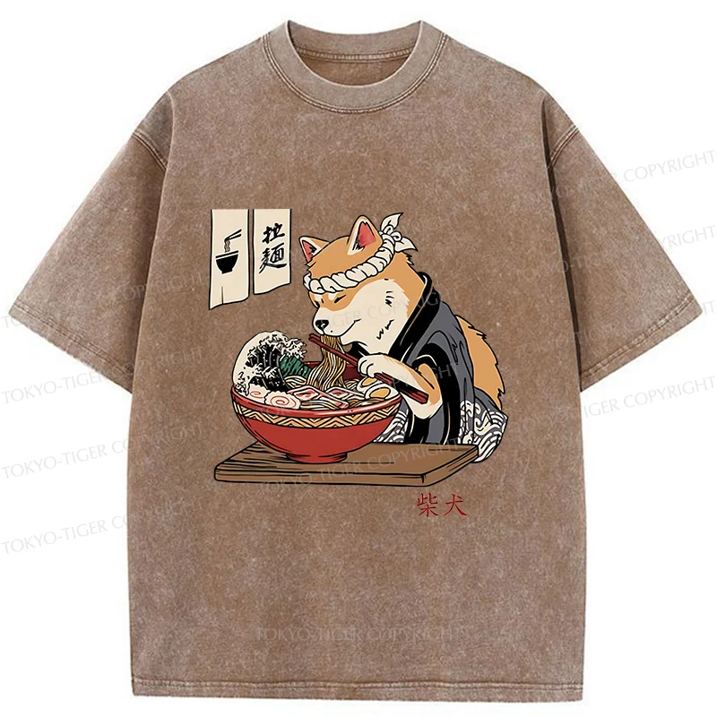 Tokyo-Tiger Shiba Inu Eating Ramen Japan Washed T-Shirt