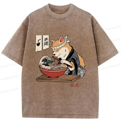 Tokyo-Tiger Shiba Inu Eating Ramen Japan Washed T-Shirt
