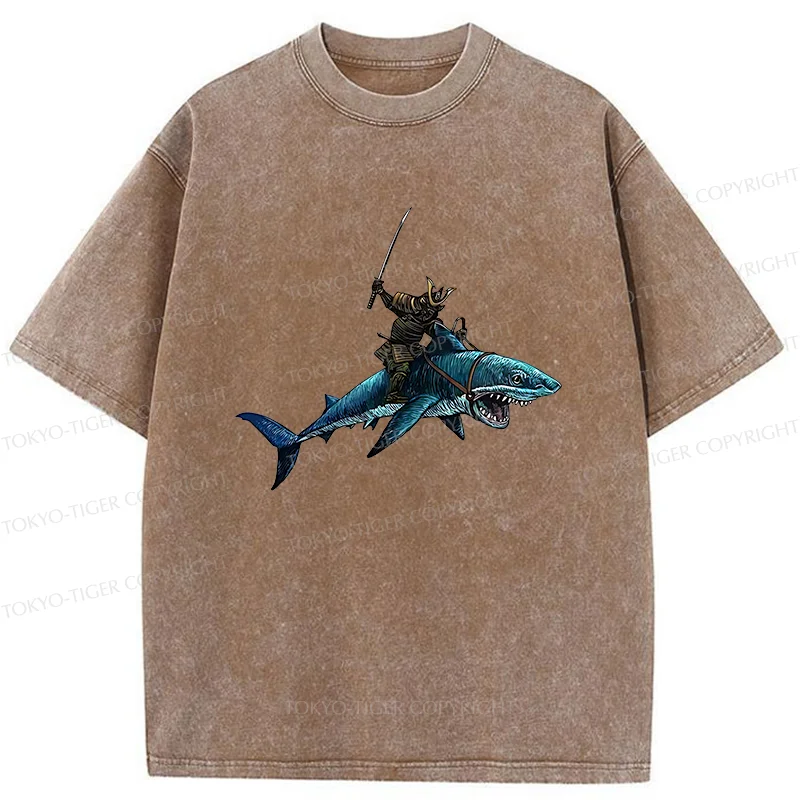 Tokyo-Tiger Samurai Riding A Shark Washed T-Shirt