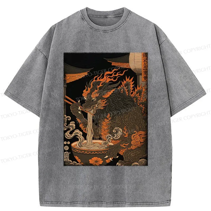 Tokyo-Tiger Kirin Eating Ramen Washed T-Shirt