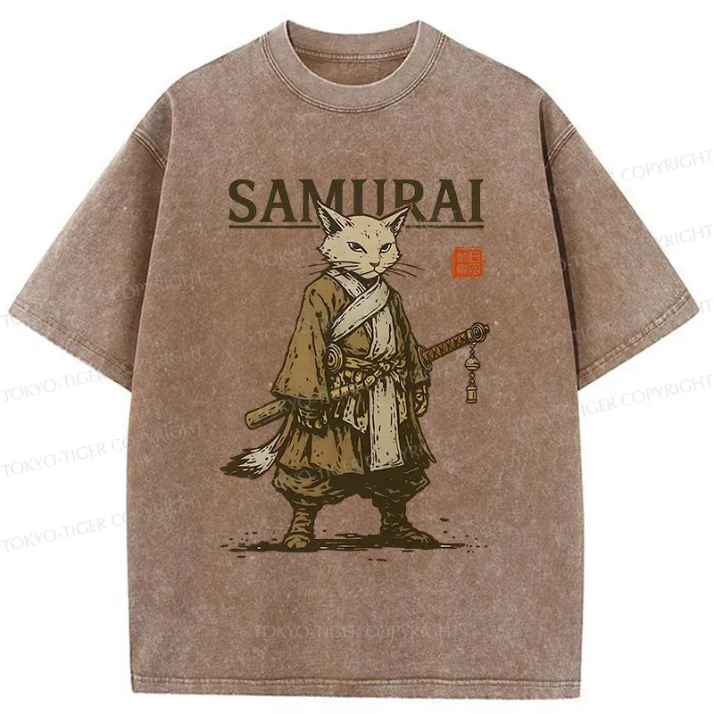 Tokyo-Tiger Samurai Cat Japan Washed T-Shirt