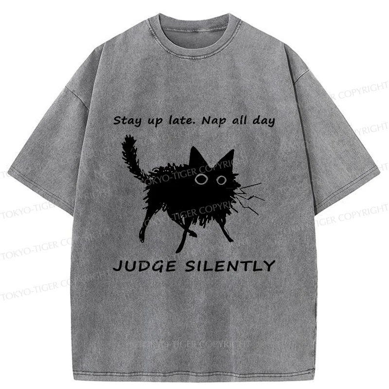 Tokyo-Tiger Lazy Black Cat Funny Washed T-Shirt