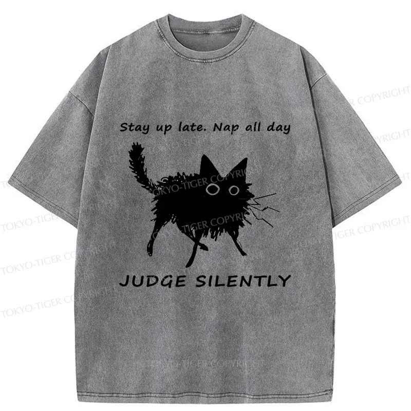 Tokyo-Tiger Lazy Black Cat Funny Washed T-Shirt Sale