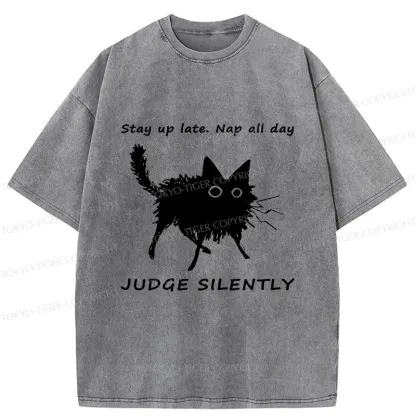 Tokyo-Tiger Lazy Black Cat Funny Washed T-Shirt
