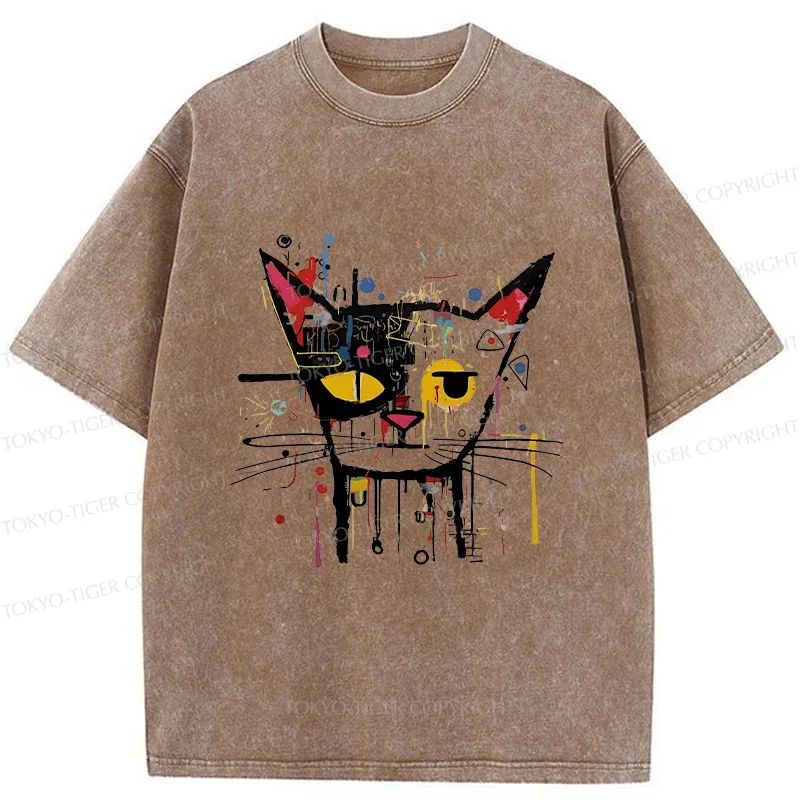 Tokyo-Tiger Abstract Cat Funny Washed T-Shirt