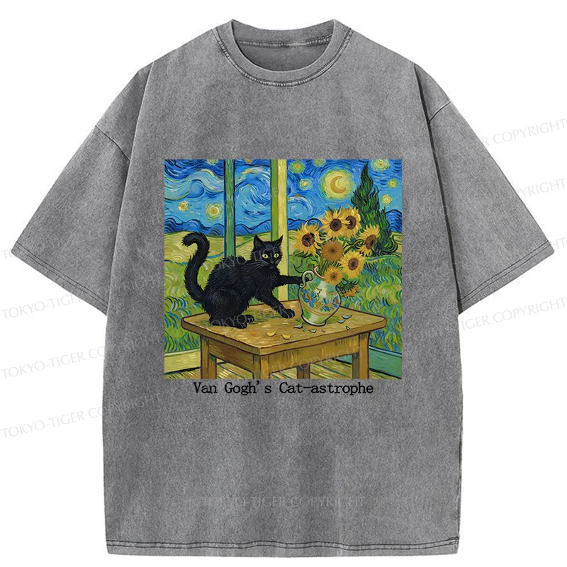 Tokyo-Tiger Cat Playing With Sunflowers Washed T-Shirt