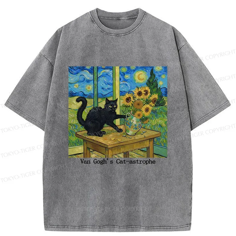 Tokyo-Tiger Cat Playing With Sunflowers Washed T-Shirt
