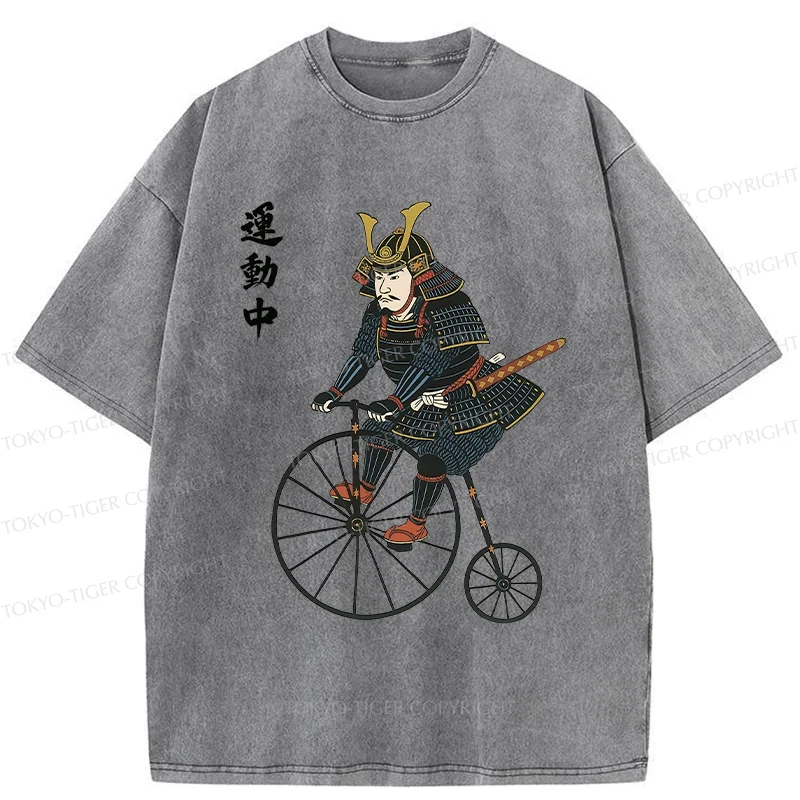 Tokyo-Tiger Samurai Riding Penny-farthing Washed T-Shirt