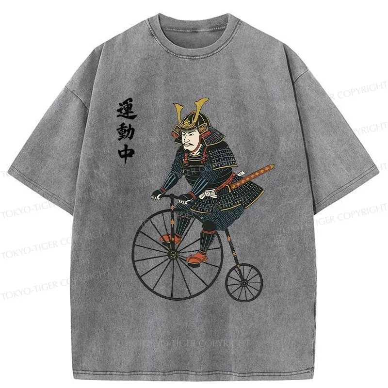 Tokyo-Tiger Samurai Riding Penny-farthing Washed T-Shirt