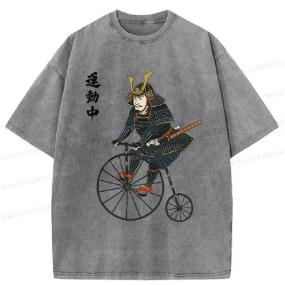 Tokyo-Tiger Samurai Riding Penny-farthing Washed T-Shirt