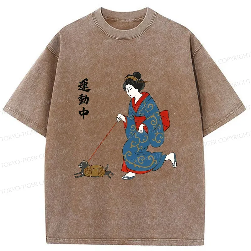 Tokyo-Tiger Geisha Walking Cat Washed T-Shirt