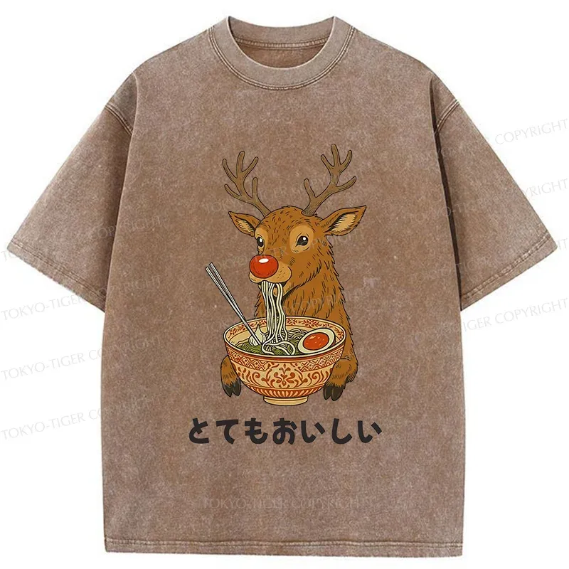 Tokyo-Tiger Reindeer Eating Ramen Washed T-Shirt