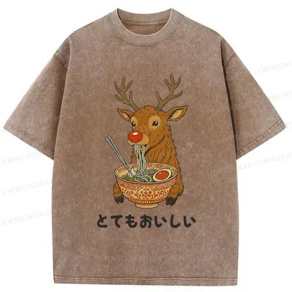 Tokyo-Tiger Reindeer Eating Ramen Washed T-Shirt