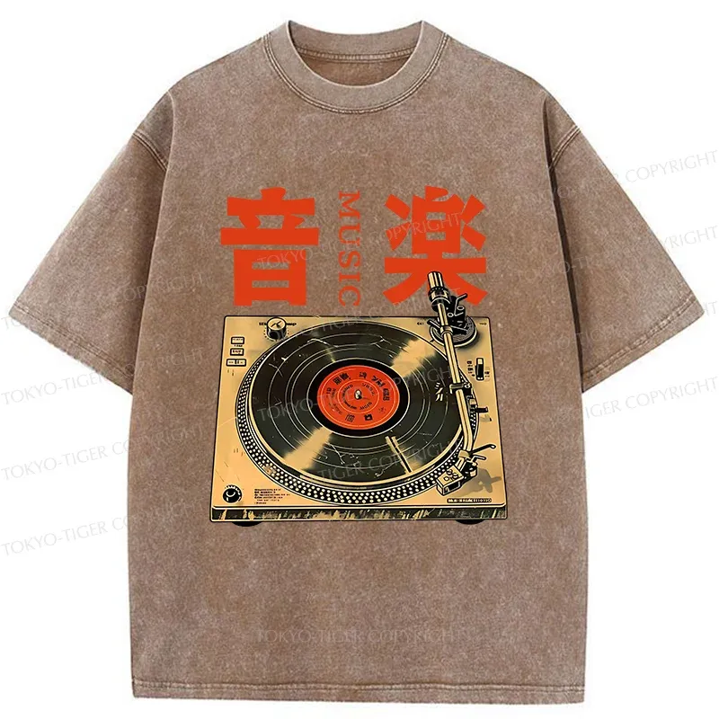 Tokyo-Tiger Retro Music Record Player Washed T-Shirt