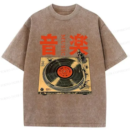 Tokyo-Tiger Retro Music Record Player Washed T-Shirt