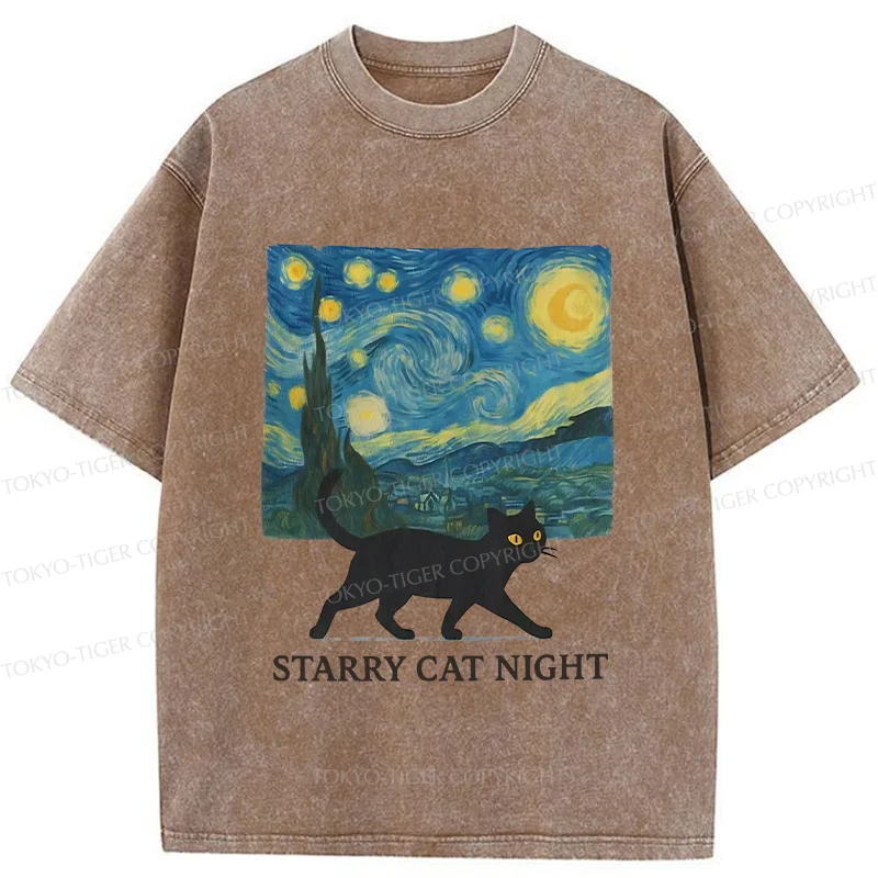 Tokyo-Tiger Cat Walking Under The Stars Washed T-Shirt