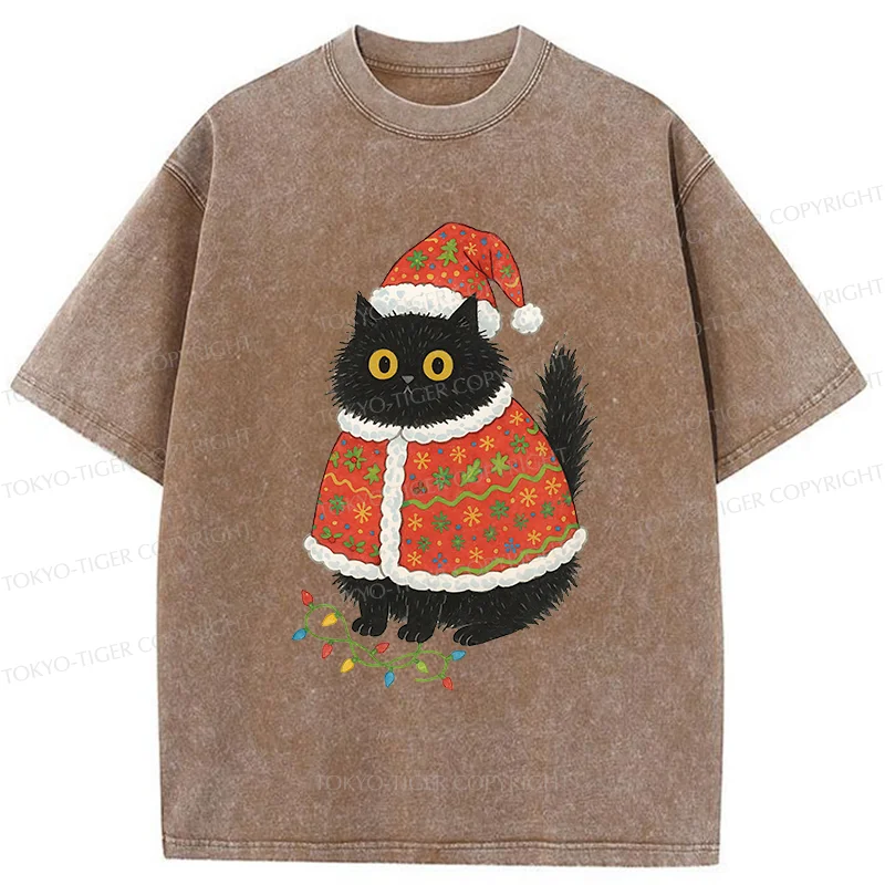Tokyo-Tiger Cat Wearing Santa Hat Washed T-Shirt