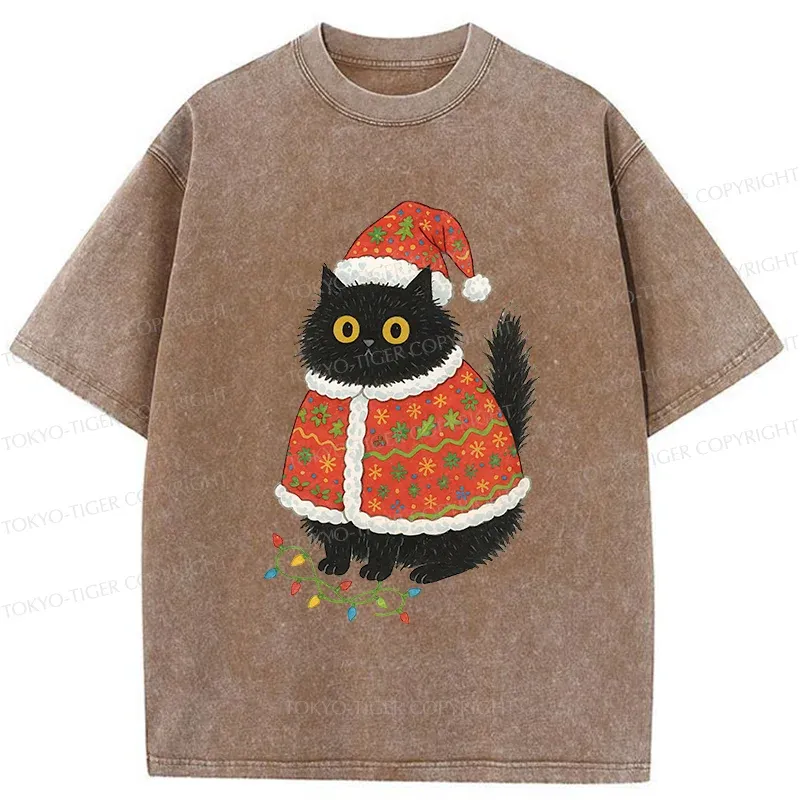 Tokyo-Tiger Cat Wearing Santa Hat Washed T-Shirt
