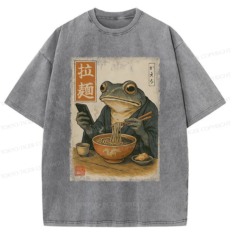 Tokyo-Tiger Funny Frog Eating Ramen Washed T-Shirt