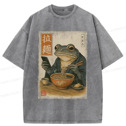 Tokyo-Tiger Funny Frog Eating Ramen Washed T-Shirt