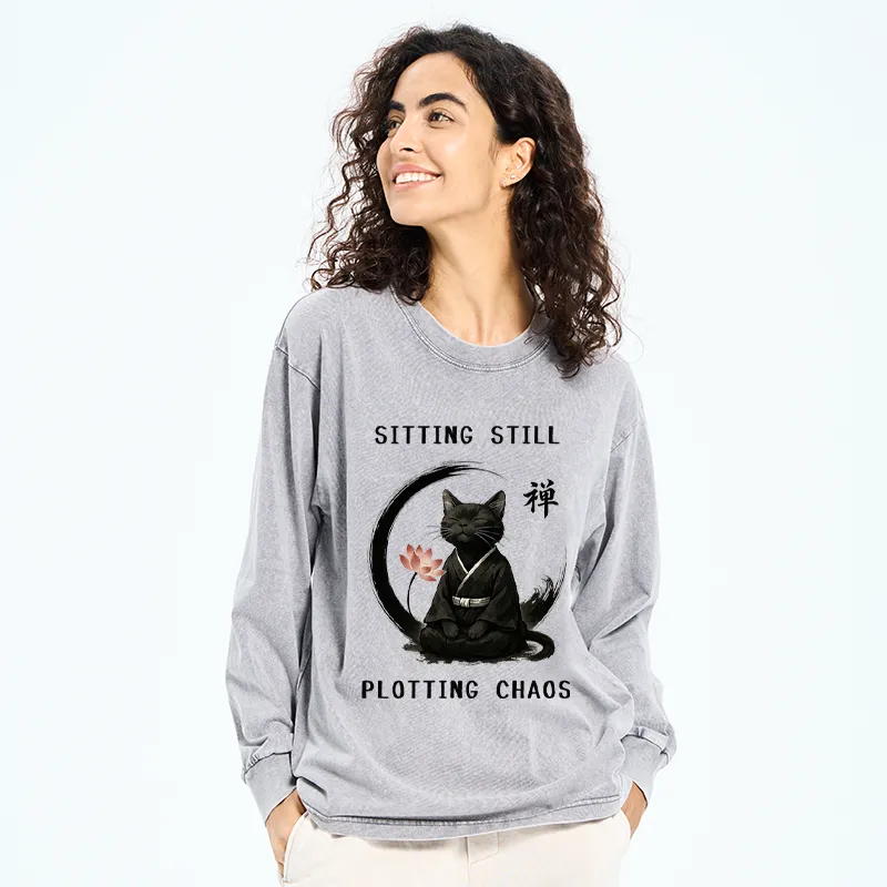 Tokyo-Tiger Sitting still  plotting chaos Calming Zen Cat Funny Washed Long Sleeve T-Shirt