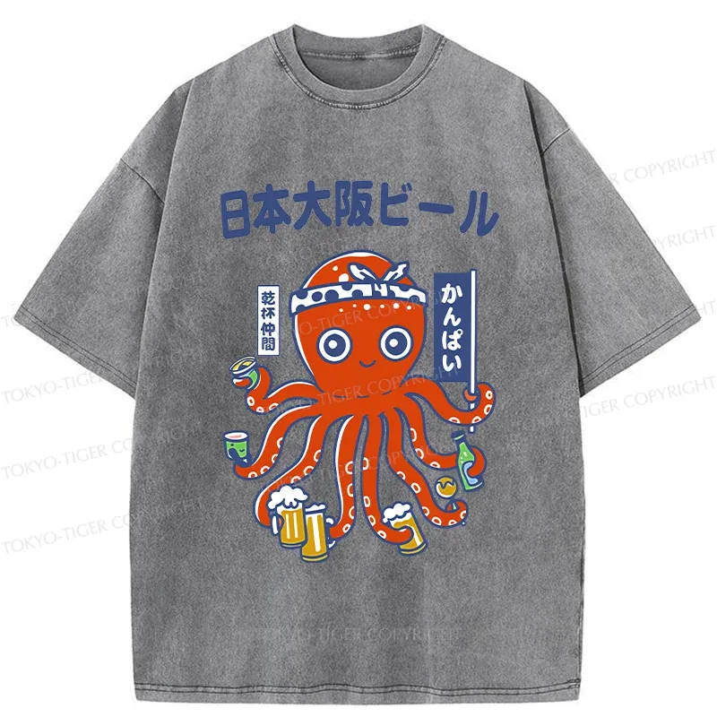 Tokyo-Tiger Octopus Chef Drinking Beer Washed T-Shirt