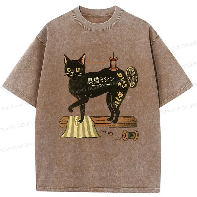 Tokyo-Tiger Sewing Machine Cat Washed T-Shirt