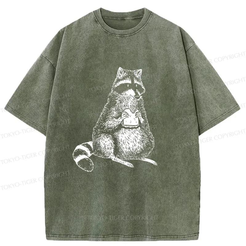 Tokyo-Tiger Raccoon Eating Bread Washed T-Shirt