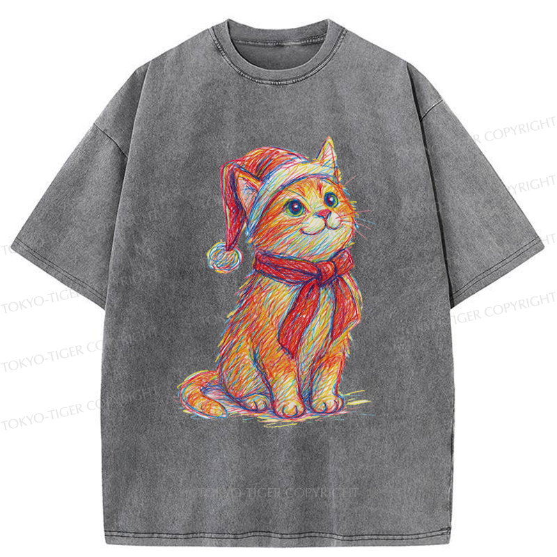Tokyo-Tiger Lovely Christmas Cat Washed T-Shirt